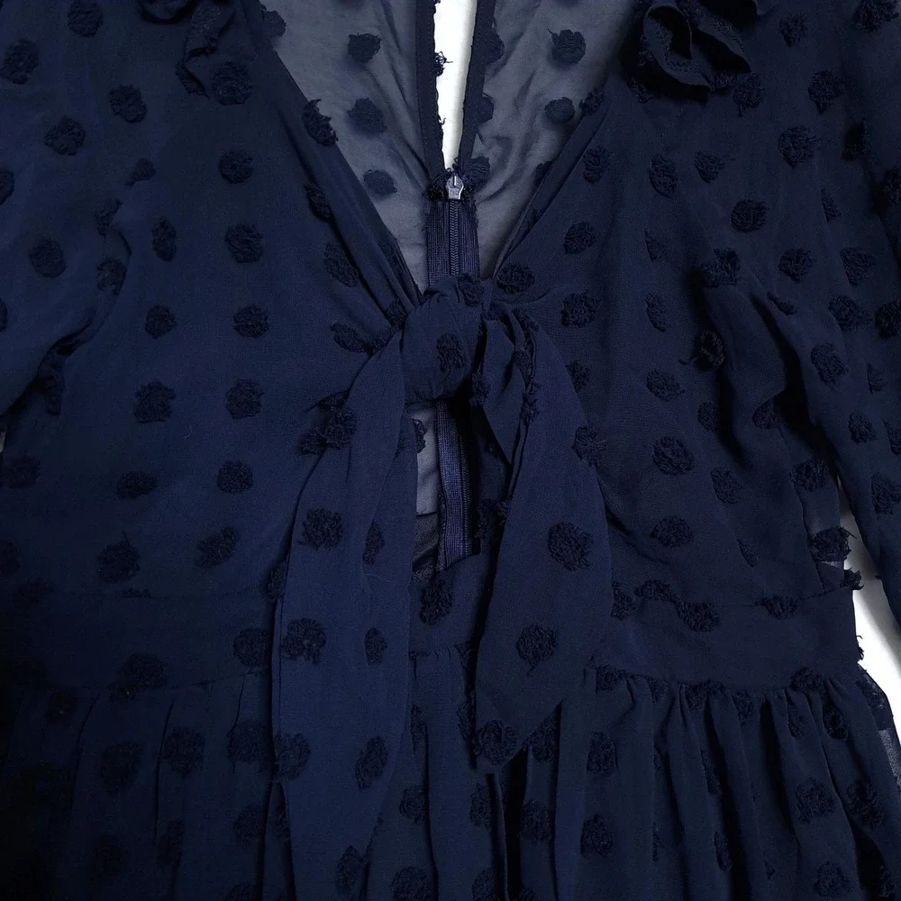 Verte Mini Dress L Navy Blue Clip Dot Tie Front Ruffle Sheer Balloon Sleeve Boho